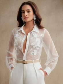 Anewsta Elegante blusa da donna di , semi-trasparente, con ricamo 3D, decorata con perle e strass, adatta per primavera/estate, festival, laurea, estate, elegante, spiaggia, vacanza, casual