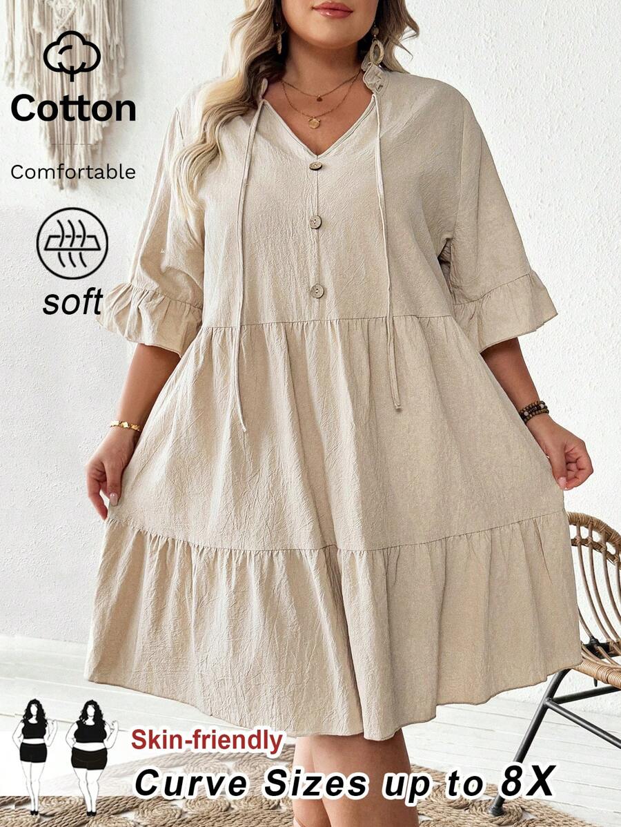SHEIN CURVE+ Plus Size Women's Cotton Pleated Collar Satin Tie V-Neck Multi-Layer Pleated Edge Patchwork Dress, Breathable And Soft, Curve Plus, Boho Vacation Beach Outfits For Woman/Beach Dress/Beach Vacation Outfits/Beach Essentials / Graduation/Tea Party Dress