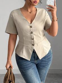 Elenzga Blusa de manga corta con cuello en V de estilo francés para mujer talla grande, de verano