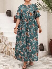 EMERY ROSE Plus Size Teal Green Floral Boho Maxi Dress: Woven Fabric, Half Sleeves, Round Neck, And Ruffle Hem Detail - Green - View 6