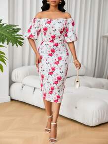 SHEIN Clasi Elegant Floral Print Off Shoulder Bodycon Dress For Summer - Multicolor - View 4