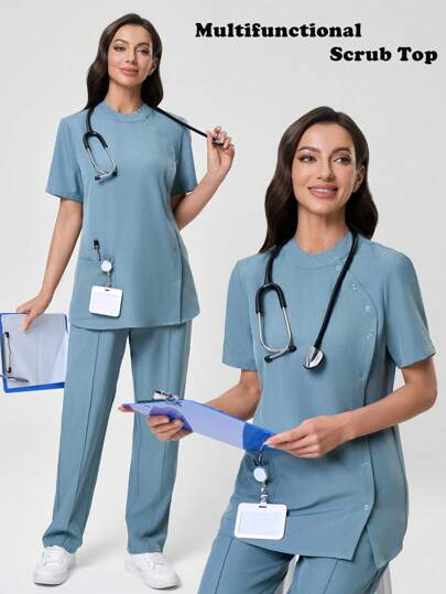 Scrubzie Anti-Wrinkle Short Sleeve Stand Collar Long Nurse Scrub Uniform Top Scrub Set Scrubs For Women