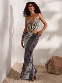 Opulessa Set da 2 pezzi da donna, top a canotta senza schienale stampato a maglia e gonna sirena vita bassa - Grigio - Visualizzare 6