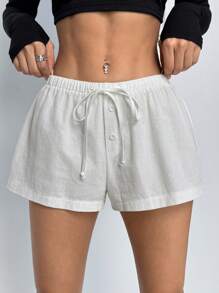 SHEIN PETITE Quần short thường ngày rộng rãi có dây rút eo màu trơn dành cho nữ - trắng - Xem 4