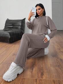 ZIRRA 2件套女士休闲宽松连帽长袖上衣和裤子套装 - 摩卡棕 - 查看 3