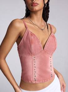 SHEIN ICON Women's Summer Metallic Grommet Slim Fit Denim Camisole - Red - View 6