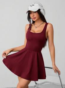 SHEIN PETITE Women's Burgundy Knitted Sleeveless Square Neck Backless Short Unitard Dress: Stretchy And Stylish
