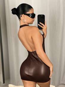 SHEIN ICON Đầm ôm body mini da PU cổ chữ V sâu có khóa kéo phía trước - màu nâu - Xem 3