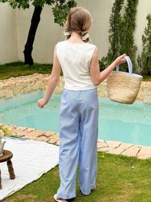 Set da 2 pezzi per ragazze pre-adolescenti, con top canottiera in in rete con fiori 3D e pantaloni larghi e dritti a righe - Multicolore - Visualizzare 2