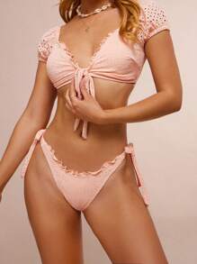 WESTFADE Summer Floral Patterned Knit Eyelet Mid Rise Ruffle Waist Cute Bow Tie Sides Cheeky Bikini Bottom Summer Beach Vacation - Pink - View 5