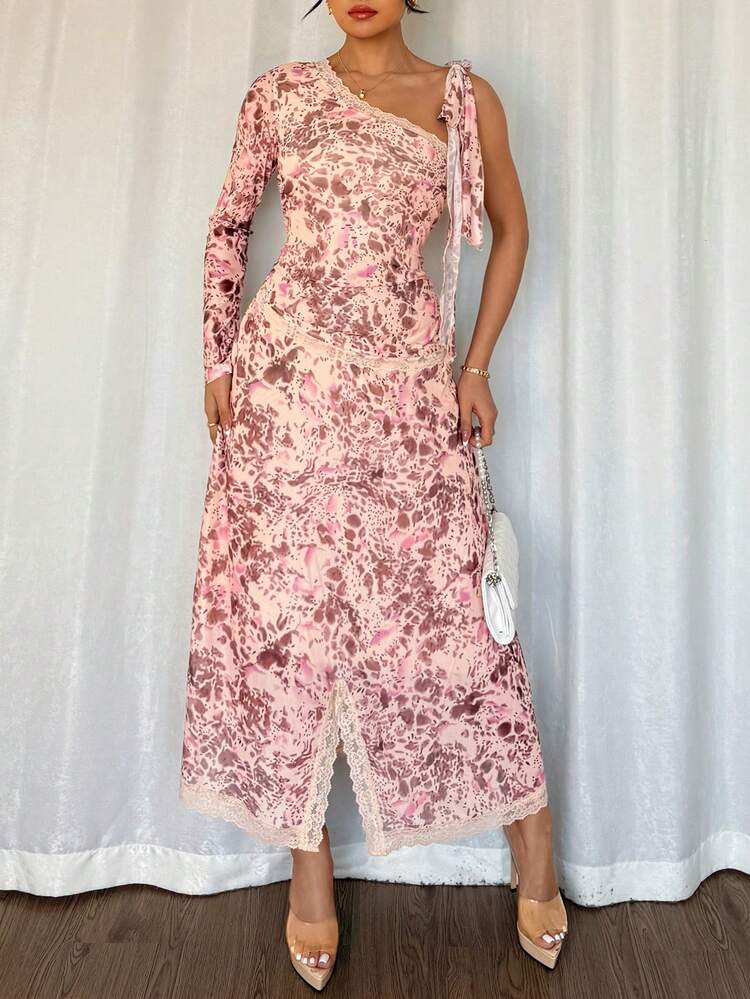 Women Contrast Lace Off Shoulder Tie-Waist Long Dress With Floral Print,Fall Dress Long Sleeve Dress