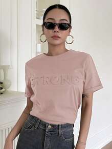 DAZY Letter Embossed Round Neck Tee - Pink - View 2