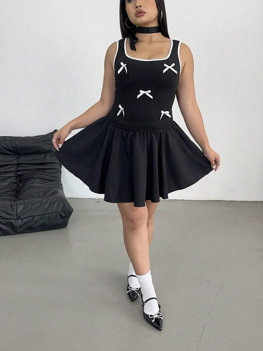 Flirla Plus Size Black And White Summer 2 Pieces Set,Cute Birthday Graduation Women Outfit,Bow Spliced Top And High Waisted Loose A-Line Skirt College Suit - Black - View 1