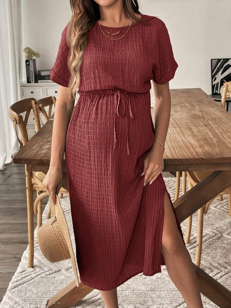 SHEIN Solid Color Textured Side Slit Maternity Vacation Casual Dress - Redwood - View 1