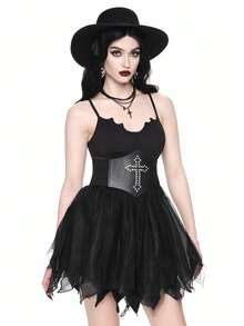 ROMWE Goth 哥特式性感派对连衣裙，后背交叉肩带，蝙蝠形网眼下摆，万圣节 - 黑色 - 查看 4