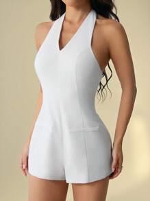 SHEIN PETITE Tuta con pantaloni a zampa e scollo profondo a V, stile corto per donne, di colore bianco