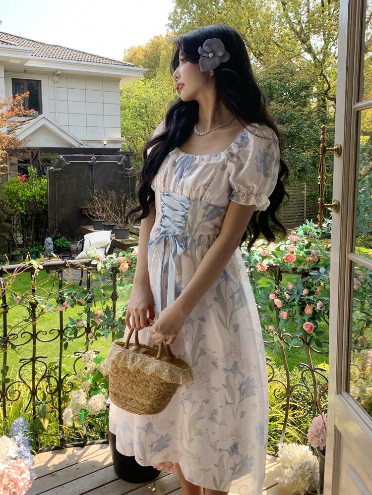 Women's Floral Print Puff Sleeve Stand Collar Mid-Length Dress,Ruffle Boho