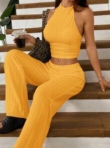 SHEIN EZwear 黄色针织女式褶饰休闲两件套 - 黃色 - 查看 5