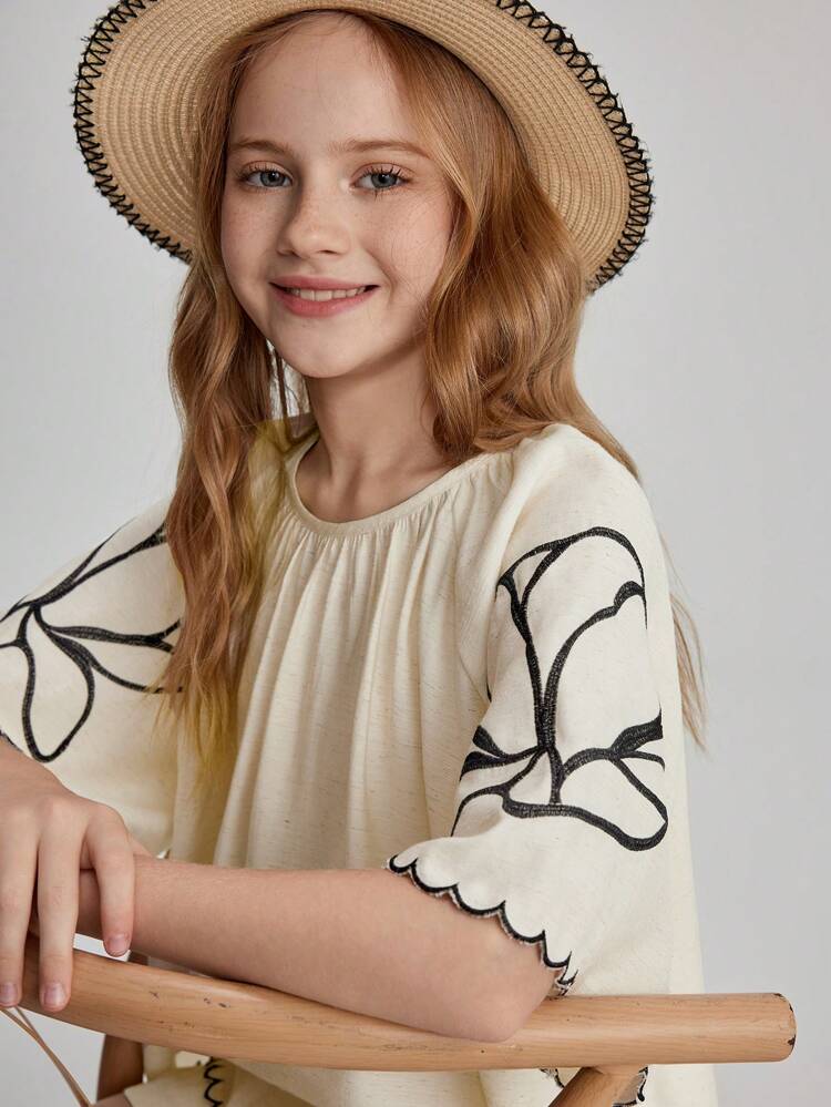 2pcs/Set Tween Girls Casual Loose Vacation Outfit, Comfortable Short Sleeve Top With Embroidery Design & Relaxed Shorts