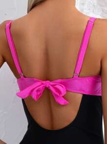 Swim Lushoire 全新夏季纯色拼接聚拢钢圈聚拢肩带蝴蝶结后背优雅连体泳衣