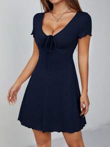 SHEIN PETITE 生菜叶饰边抽绳结饰前部夏季女装黑色连衣裙 - 藏蓝色 - 查看 7