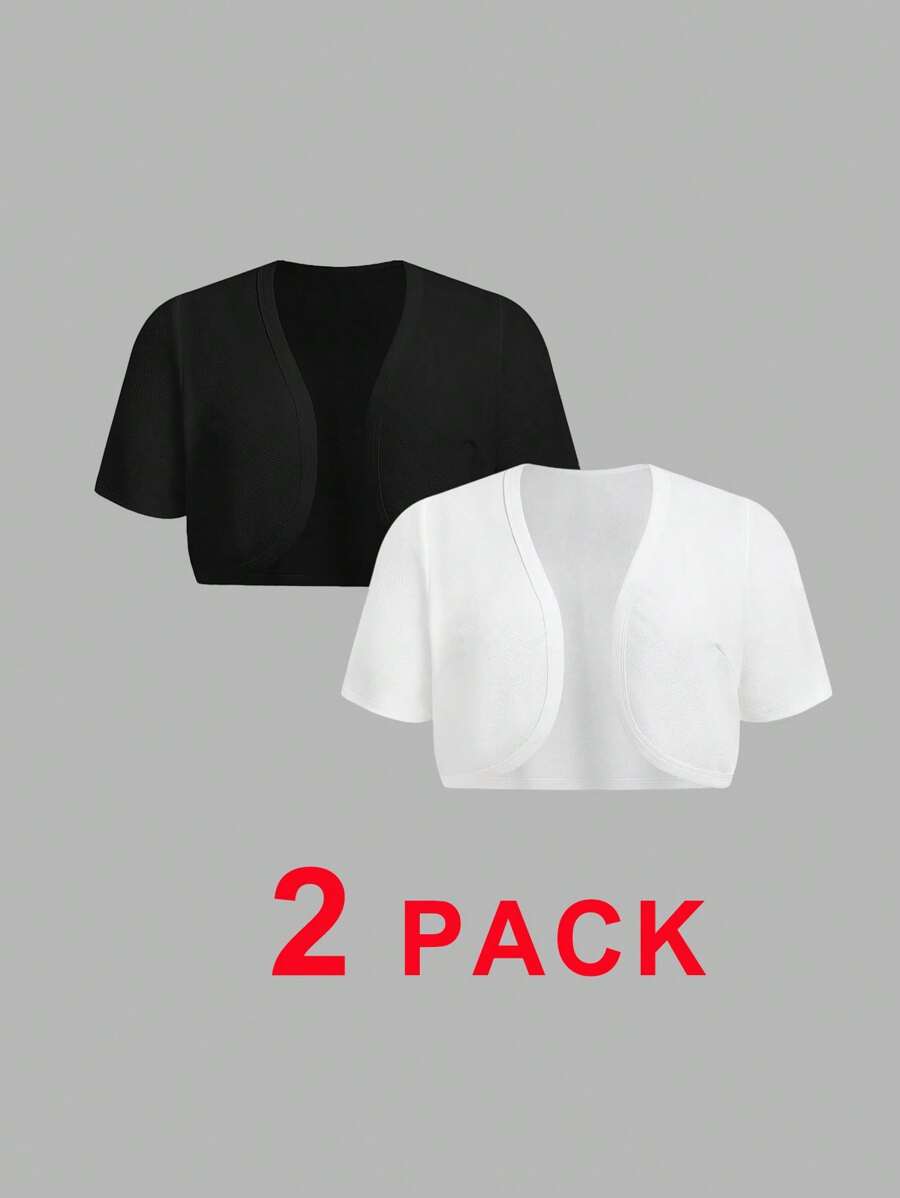 SHEIN EZwear 2 piezas Chaqueta de manga corta de apertura delantera para mujer de talla grande en negro y blanco