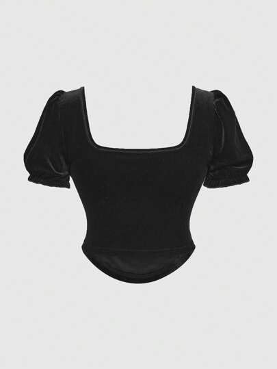 Goth Elegante camiseta de talla grande con mangas cortas y abullonadas, cintura ajustada, y decoraciones de cristal de rubí, bordado de lágrima, gemas de ojo de sol y decoraciones de sol y estrella, en estilo vintage de palacio