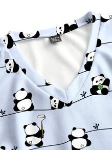 PopScrub Women's Casual Panda Print Knitted Scrub Top: Short Sleeve, V Neck, Regular Length With Pockets - Multicolor - View 4