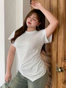 Dazy Plus Plus Size Plain Color Waist Design Short Sleeve White T-Shirt, Spring/Summer Preppy Tops - White - View 7