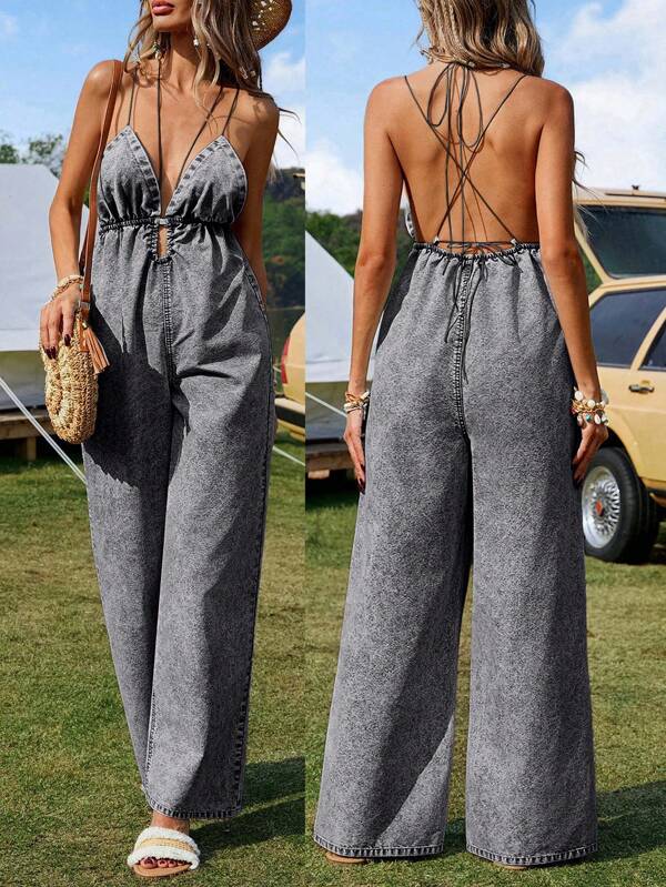 Breezaya Mono vaquero informal de mujer con cuello en V profundo, sin mangas y pierna ancha, estilo occidental