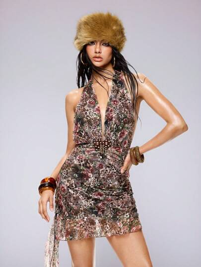 Grunge Punk Vestido de verano para mujer con cuello halter, cuello en V, estampado de leopardo, flores y encaje, estilo Y2K, para vacaciones