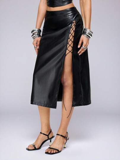 Grunge Punk Jupe fendue à taille haute en PU vintage punk gothique avec laçage pour femmes, pour l'été