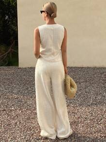 DAZY 女士夏季简约纹理背心和阔腿裤套装 商务休闲装 - 米色 - 查看 6
