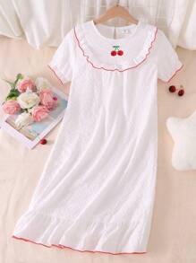 Tween Girls Minimalist Plain Light Pink Cherries Collar Ruffle Hem A-Line Nightgown - White - View 3