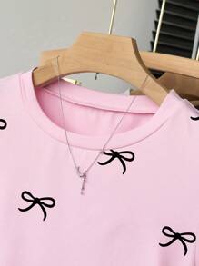 SHEIN Explorewe Teens/Adolescents Girls Versatile Minimalist Butterfly Pattern Digital Print Short Sleeve T-Shirt - Pink - View 3