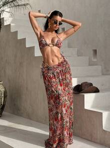 SHEIN Swim 3 pezzi set da bagno: top a triangolo senza ferretto con stampa casuale, pantaloncini da bagno con lacci laterali e pareo lungo in rete, costume da bagno da donna per vacanze estive in spiaggia