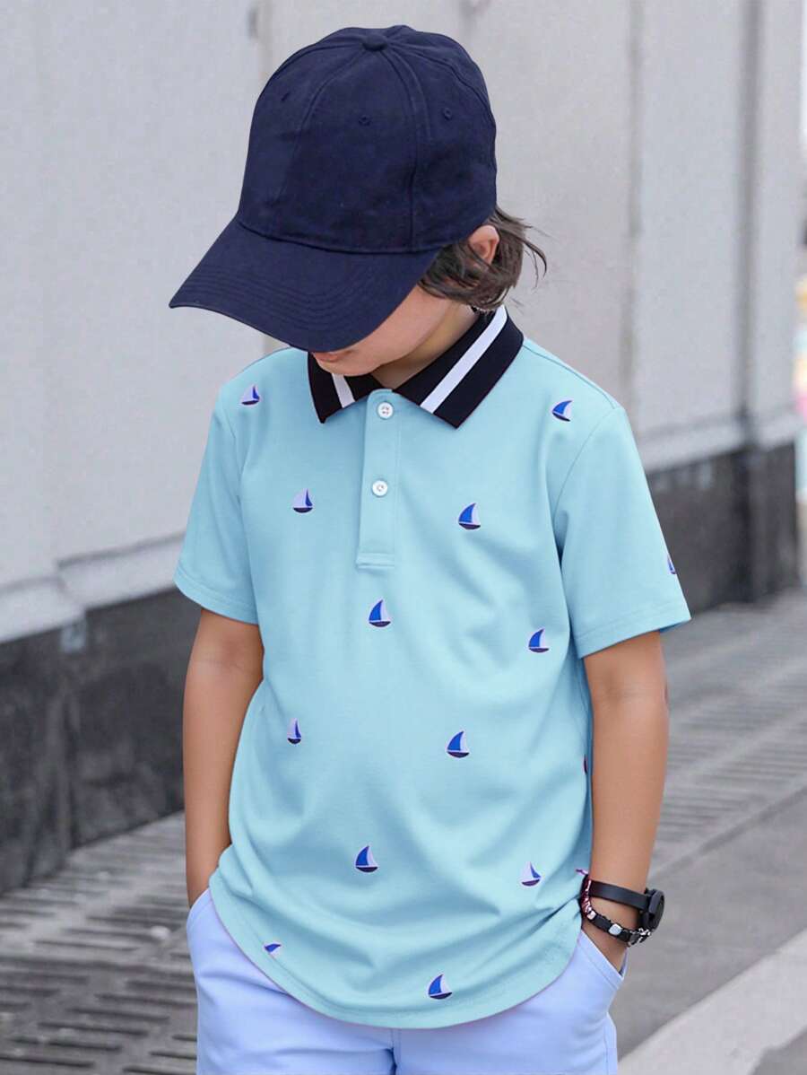 SHEIN 青少年男孩休闲全印花短袖 Polo 衫 - 淺藍色 - 查看 1
