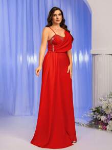 Glamrae 加大码不对称肩部亮片流苏链条长款正式晚礼服，派对礼服，适合婚礼宾客 - 紅色 - 查看 3