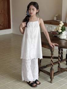 DAZY 2pcs/Set Tween Girls Summer Japanese Style Hollow-Out Loose Wide-Leg Pants - White - View 7