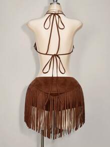 SHEIN ICON Váy mini tua rua đinh tán tua rua cạp trễ dành cho quý cô cỡ lớn "Western Music Festival Chamois" - màu nâu - Xem 2