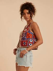 Travachic Áo khoác mỏng không tay buộc dây phía trước họa tiết hoa dành cho nữ, trang phục đi nghỉ, phong cách Old Money, Ngày của Mẹ vào mùa thu/đông - Nhiều màu - Xem 4