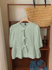 Comfortcana 亚麻雪纺圆领泡泡袖系带女式衬衫