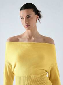 LYSMO Women's Yellow Knitwear Casual T-Shirt: Semi-Sheer Ruched Boat Neck Top With Three-Quarter Sleeves And Regular Length