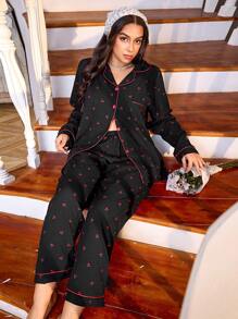 CottageSlumber Plus Size Comfortable Casual Allover Cherry Print Top And Pants Pajama Set, Outfits  Cozy And Elegant Details, Fall Clothes