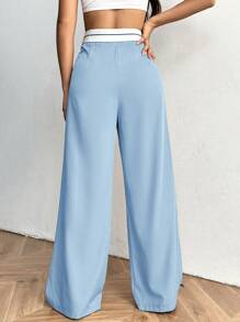 SHEIN EZwear 女式撞色口袋褶皱休闲裤秋冬工作裤 - 淺藍色 - 查看 2