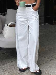 Livesso Women's Mid-Waisted Straight Leg Jeans, Loose Casual Denim Pants - White - View 5