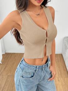 SHEIN PETITE Women Knitted Cami Top, Solid Color, Fashionable Fit For Summer - Apricot - View 1