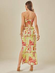 L'Amorae Summer Vacation Tropical Print Ruffle Detail Slit Maxi Dress