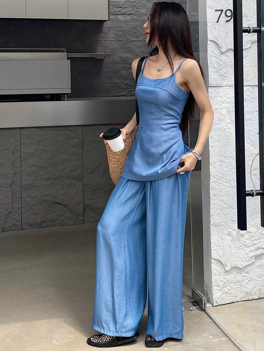 DAZY Women's Slim Fit Camisole Top And Denim Pants 2 Pieces Set - Medium Wash - View 1