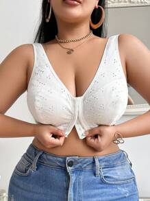 SHEIN Bralette de cierre delantero bordado minimalista de unicolor para tallas grandes - Blanco - Ver 1